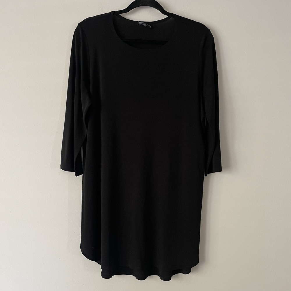 Eileen Fisher 100% Silk Long Sleeve Tunic Top Black M Side Vents Stretch Luxury